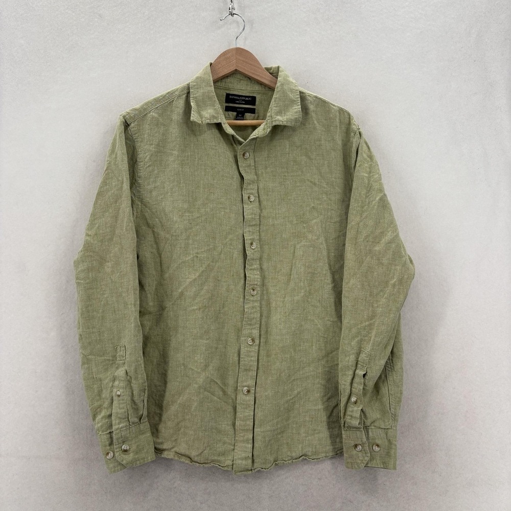 Banana Republic Shirt Mens Medium Green Linen Blend Long Sleeve Slim Fit Casual